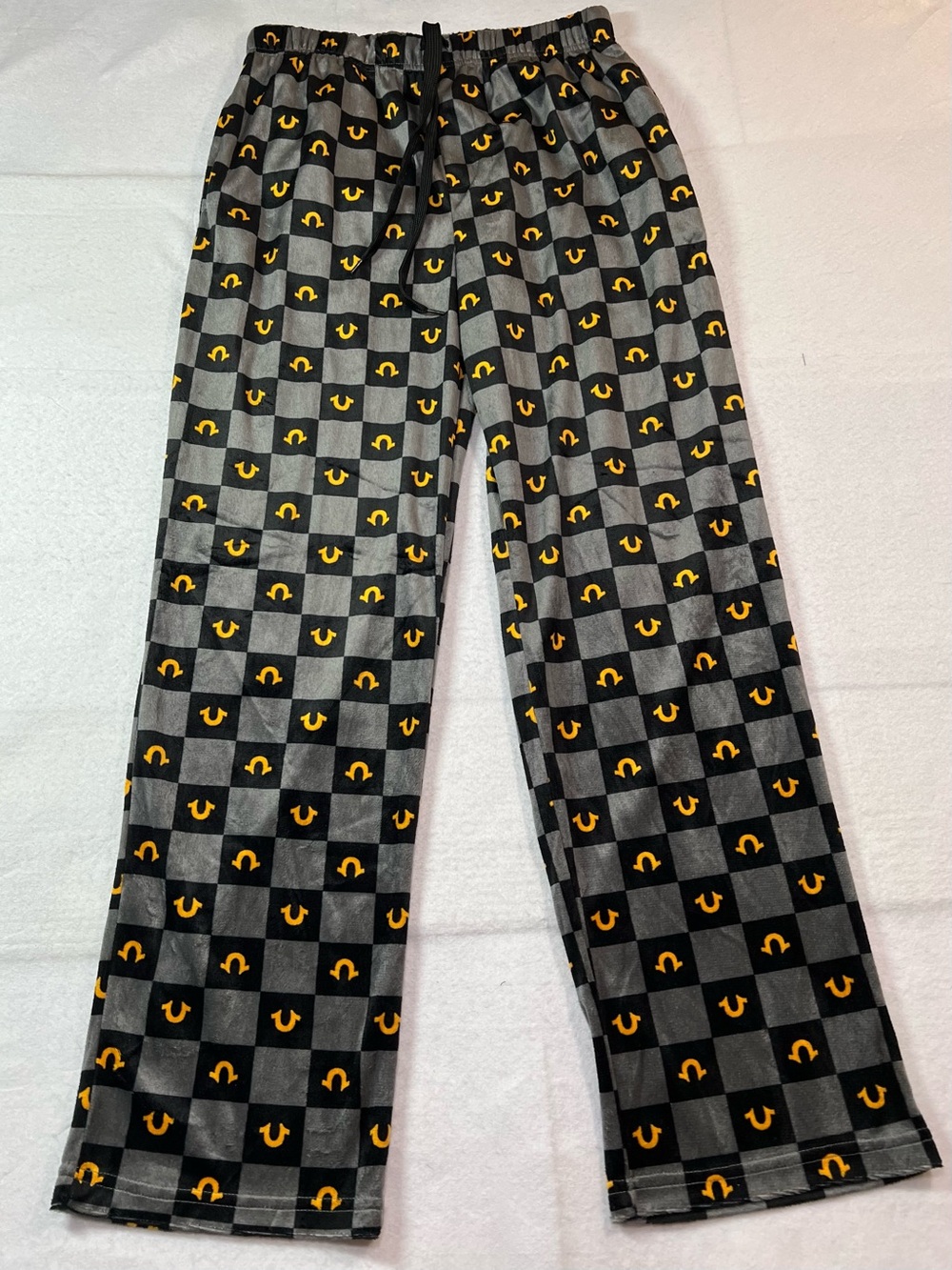 True Religion Men's Checkered Yellow Horseshoe Pajama Pants,Black/Gray, Small
